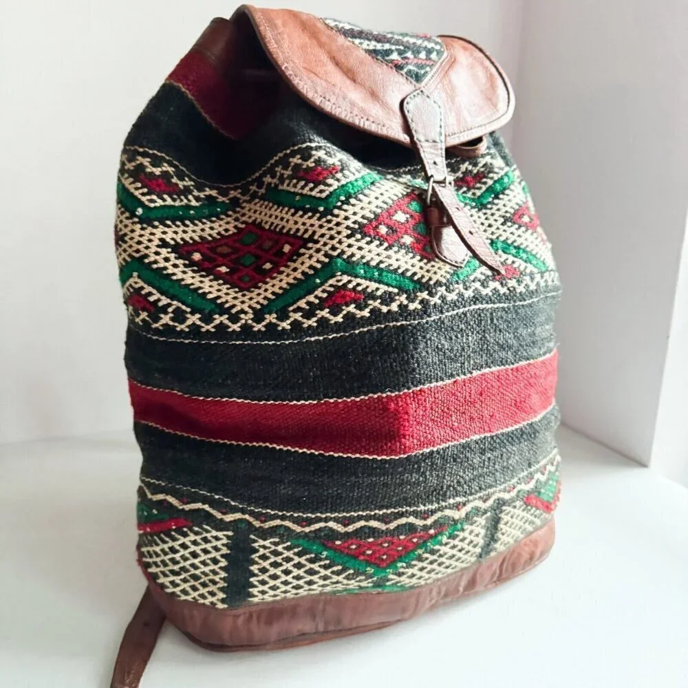 Vintage Handmade Ethnic Kilim Leather LArge Backpack